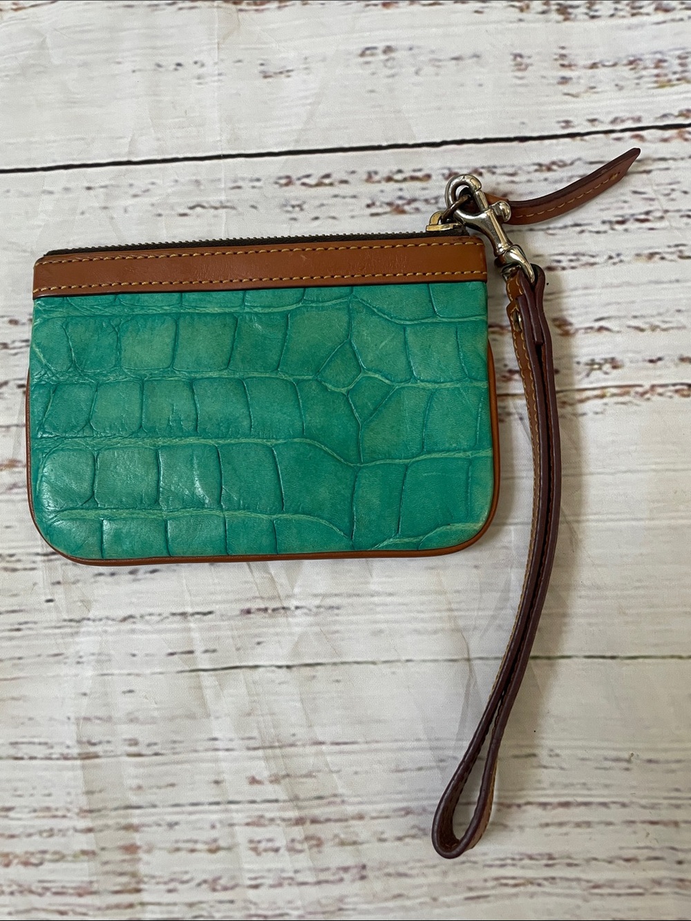 Dooney & Bourke Turquoise Croc-Embossed Wristlet with Brown Trim - Picture 3 of 5
